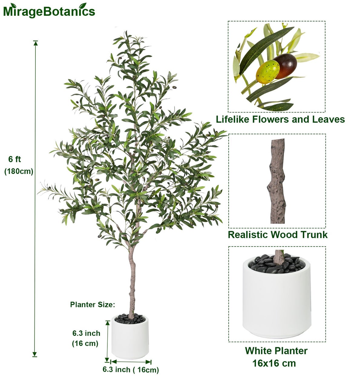 MirageBotanics Artificial Olive Trees Indoor Faux Olive Tree With Planter Pot 130cm - White